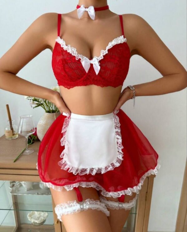Ensemble Lingerie Costume Maid Rouge – 5 Pièces Complètes