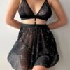 Nuisette Noire Transparente Motif Étoiles – Lingerie Élégante avec String