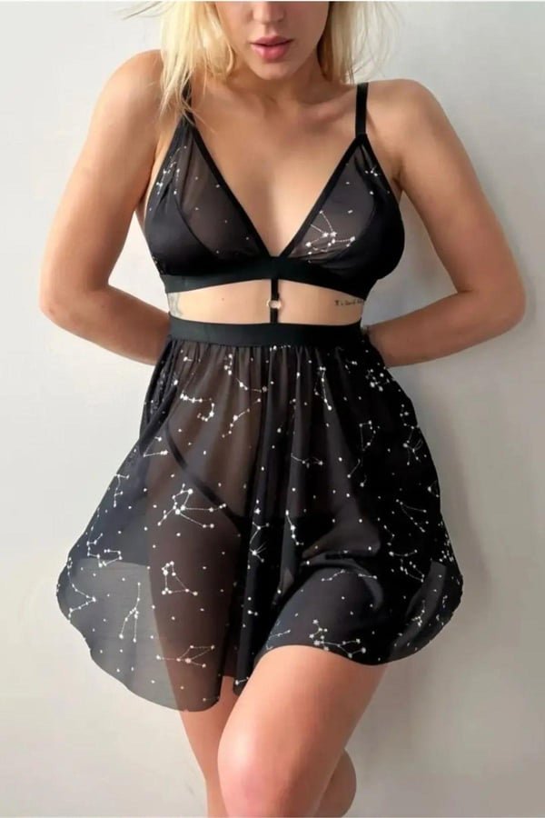 Nuisette Noire Transparente Motif Étoiles – Lingerie Élégante avec String